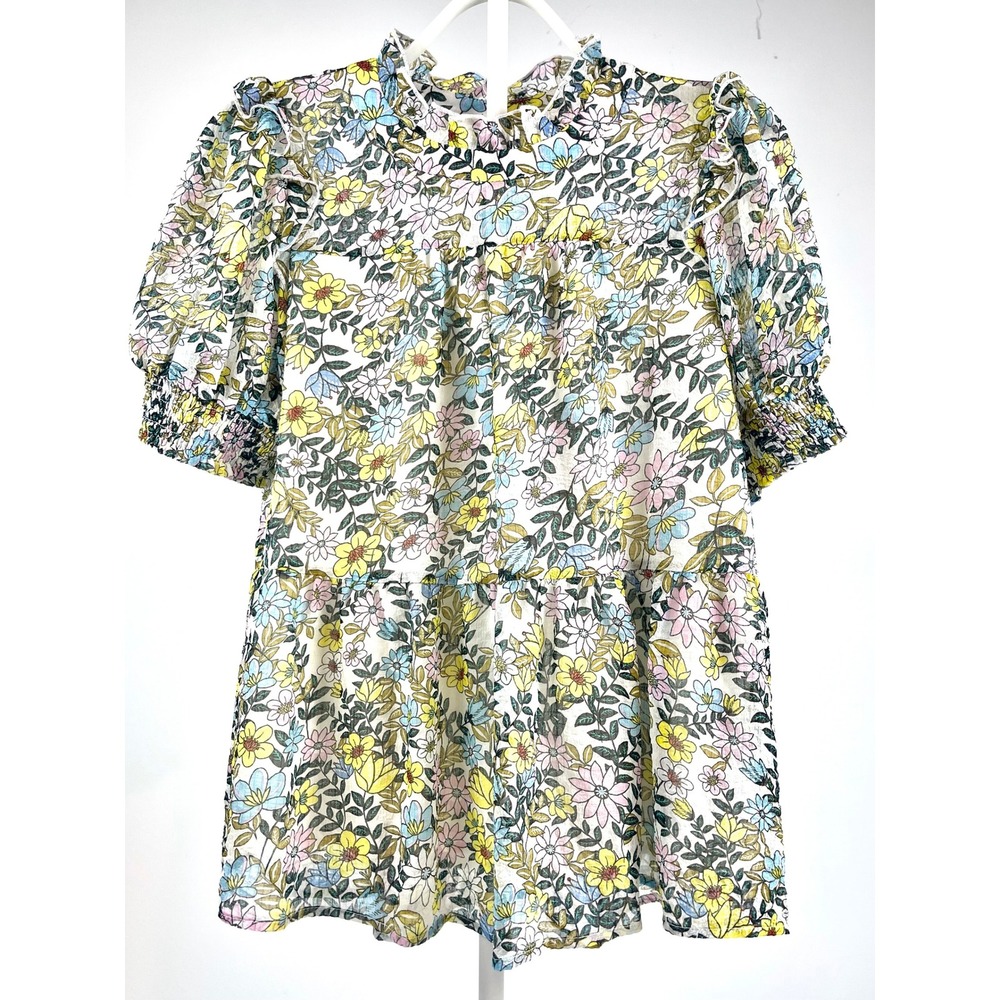 JODIFL Floral Ruffle High Neck Babydoll Top Smocked Puff Sleeve Multicolor Small